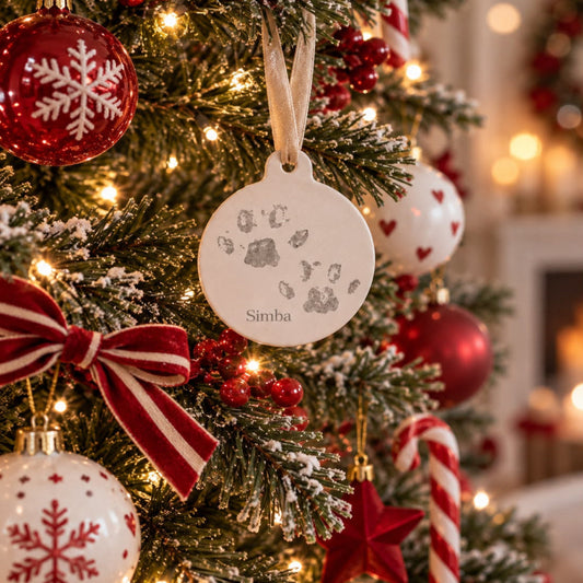 Personalised pet paw print Christmas decoration with Simba text hanging on a Christmas tree