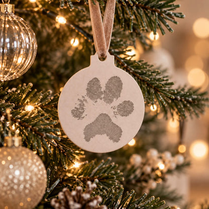 Handmade Jesmonite pet paw print Christmas decoration hanging on a Christmas tree